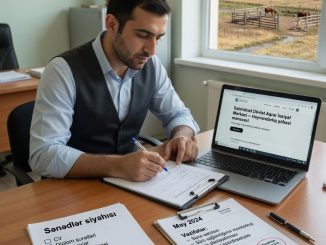 A realistic photo of an Azerbaijani job seeker at a tidy desk reviewing a
