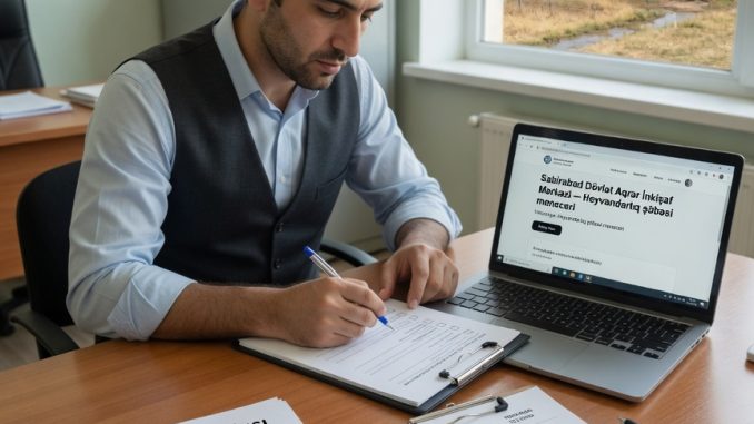 A realistic photo of an Azerbaijani job seeker at a tidy desk reviewing a