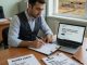 A realistic photo of an Azerbaijani job seeker at a tidy desk reviewing a