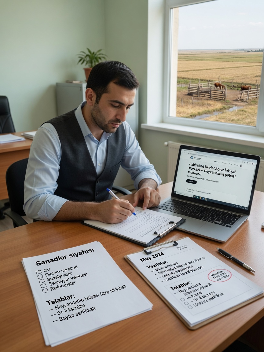 A realistic photo of an Azerbaijani job seeker at a tidy desk reviewing a