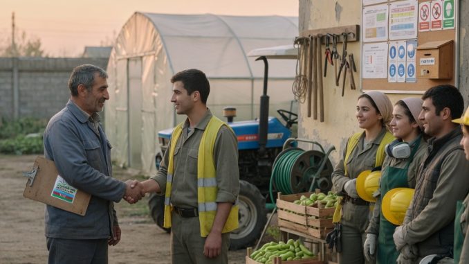 Farmer employer shakes hands with a new hire at a small Azerbaijani farm as