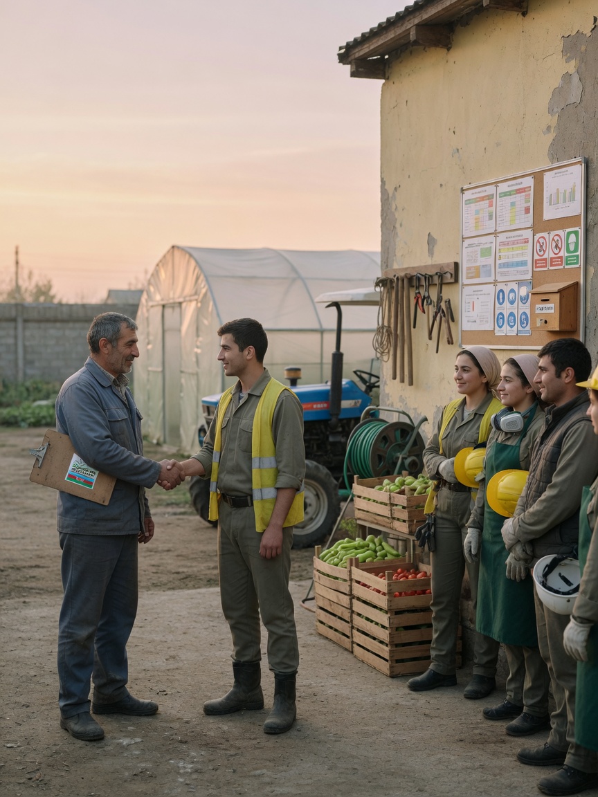Farmer employer shakes hands with a new hire at a small Azerbaijani farm as