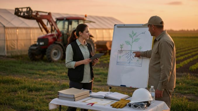 Field training scene: young agronomist with tablet next to table with binders and a
