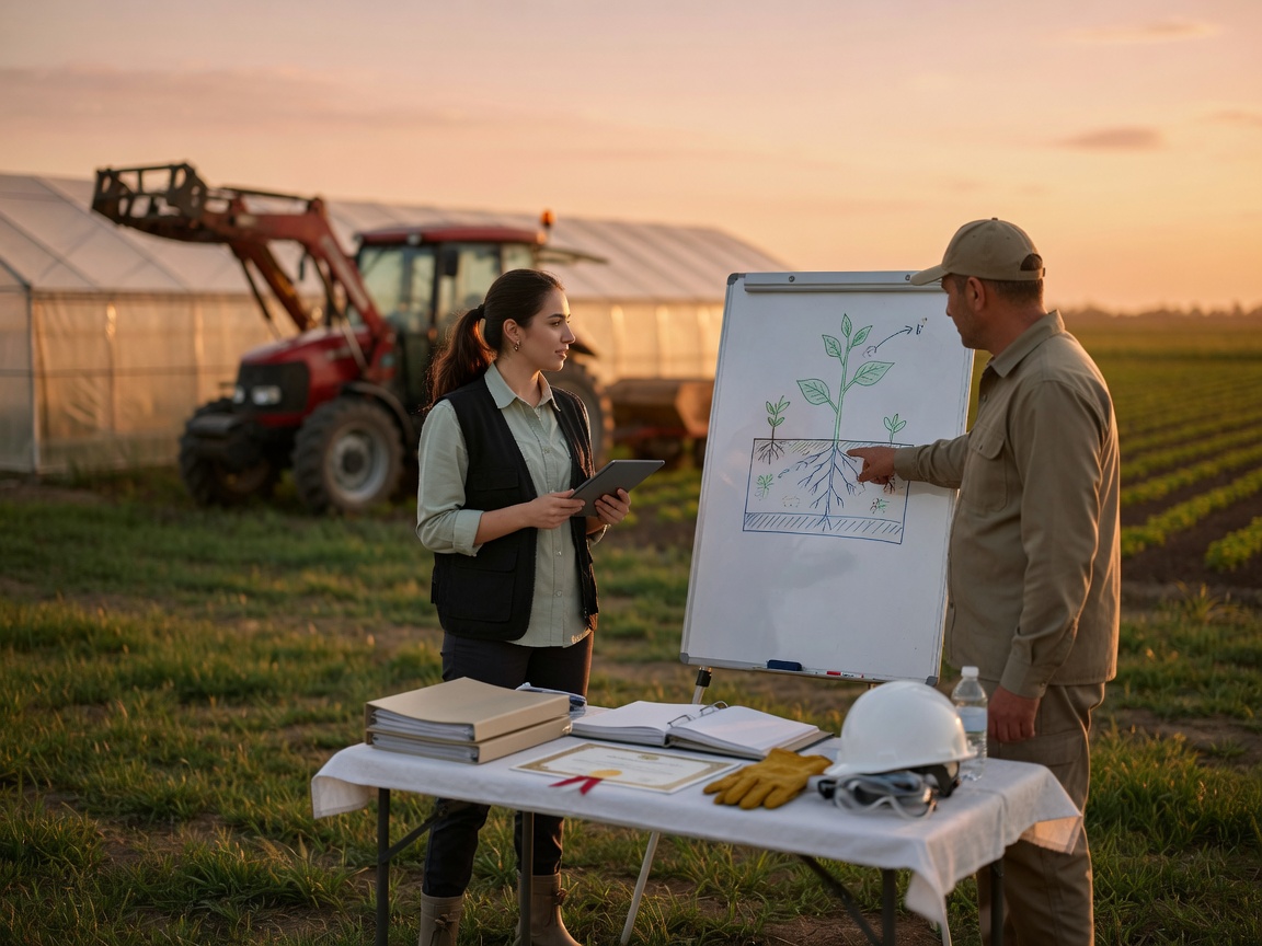 Field training scene: young agronomist with tablet next to table with binders and a