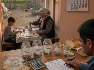 A farmer at a rustic table budgeting with jars for seeds, equipment, savings, and