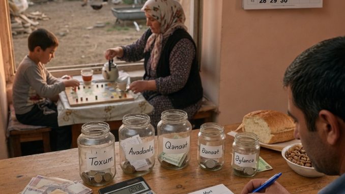 A farmer at a rustic table budgeting with jars for seeds, equipment, savings, and