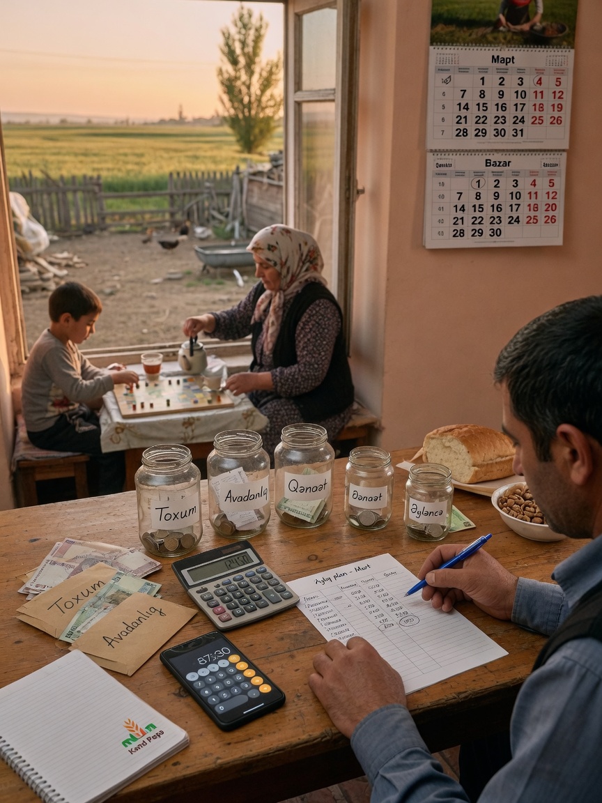 A farmer at a rustic table budgeting with jars for seeds, equipment, savings, and